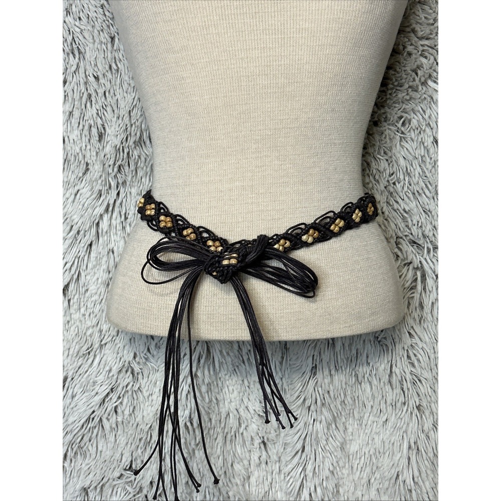 Vtg Macrame Wood Beaded Waist Tie Belt Fringe‎ Dark Brown Hippie Boho 32"